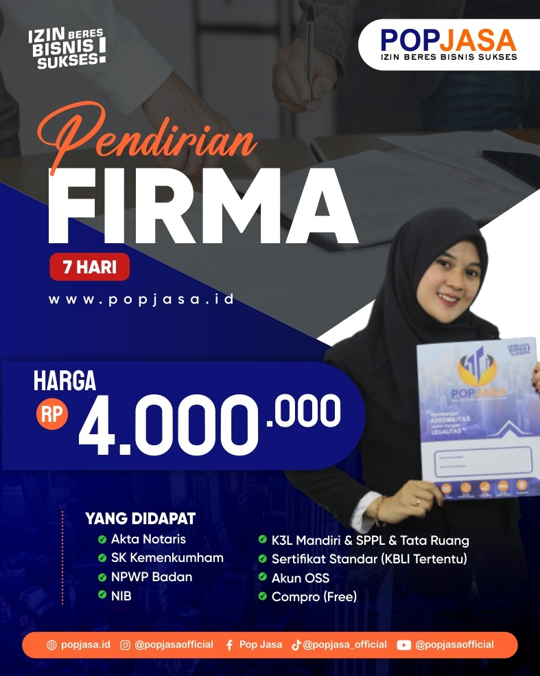 Jasa pendirian firma, Biaya pendirian firma, Dokumen pendirian firma, Perbedaan firma dan CV, Cara mendirikan firma, Konsultasi hukum pendirian firma, Keuntungan mendirikan firma, Akta pendirian firma, Notaris pendirian firma, Perjanjian firma, Legalitas usaha firma, Kewajiban pajak firma, Struktur modal firma, Syarat hukum firma, Proses pengesahan firma, OSS RBA dan firma, Perizinan usaha firma,